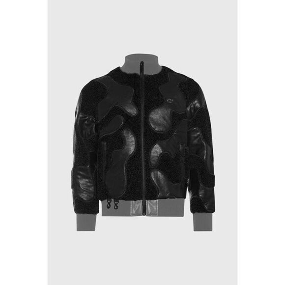The Hideout Clothing Sherpa & Faux Leather Bomber Black Jacket camouflage Sz  L - Picture 1 of 6
